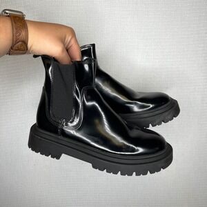 Zara Black Patent Lug‎ Sole Chelsea Boots Side Zip Women's Ankle Booties